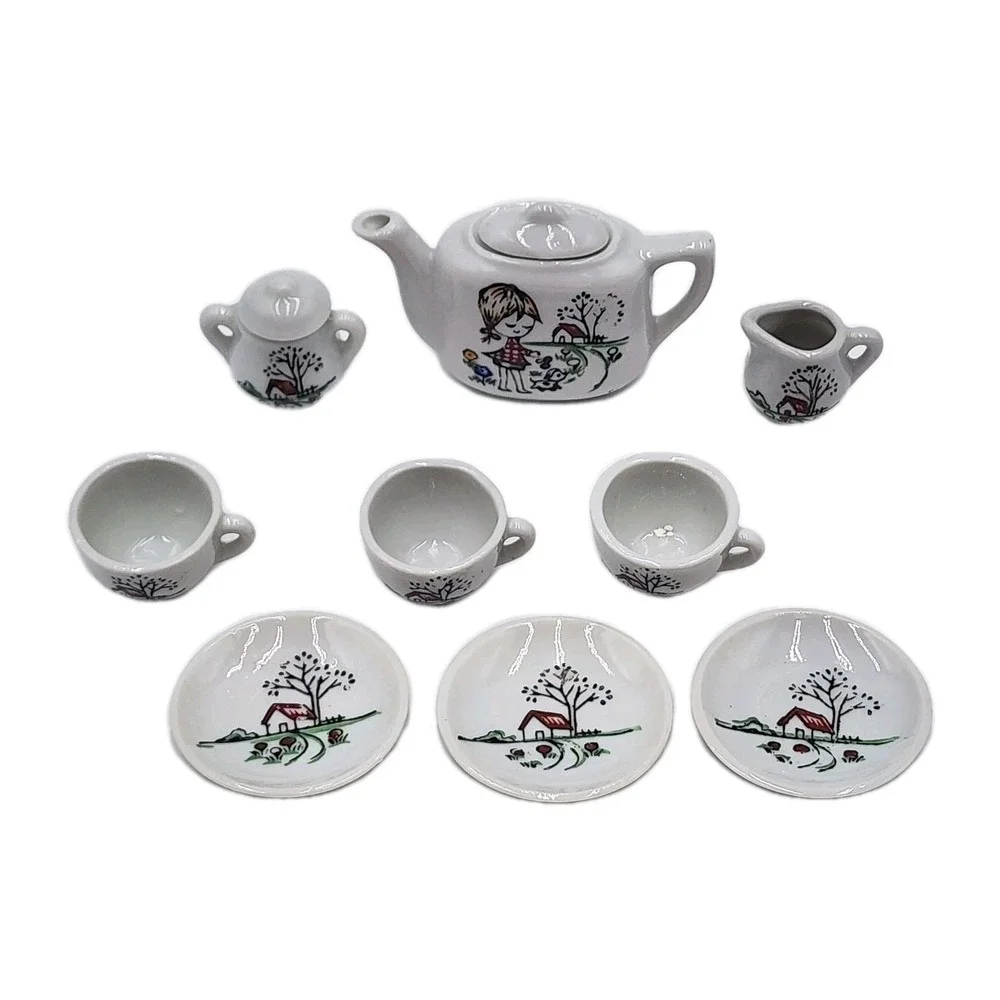 Vintage 1960s Childs Mini China Tea Set Complete Girl w Dog Print Original Box - Picture 3 of 10